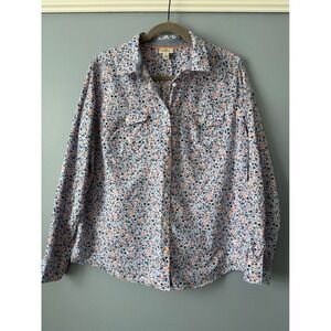 St. John's Bay Women's Button up Ditsy Floral Blue Long Roll-Tab Sleeve Size XL